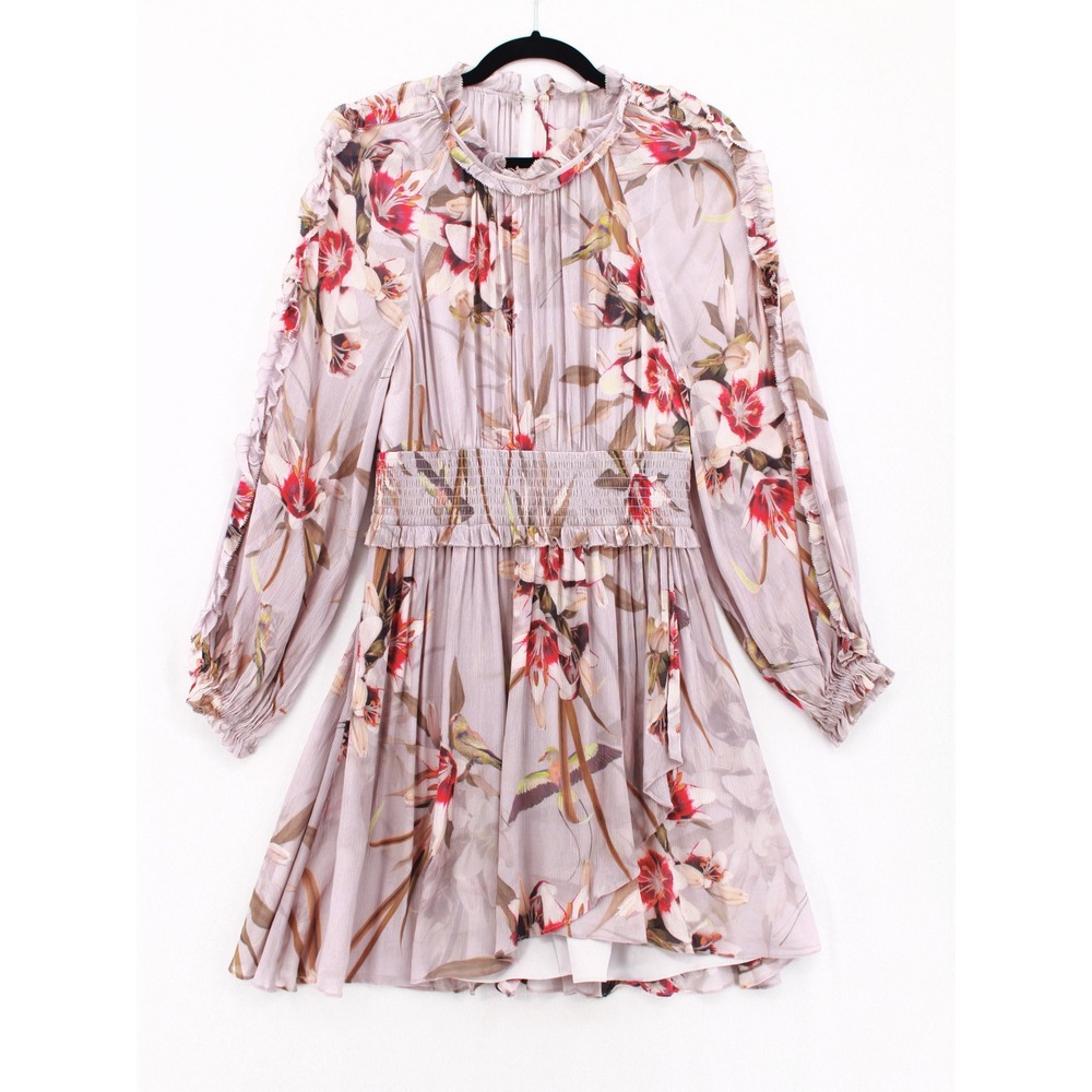 AllSaints Thallo Kuroyuri Mini Dress size 6 Mauve Floral Smocked Waist